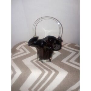 Dark Ruby Red Murano Style Hand Blown Glass Ruffled Basket Vtg